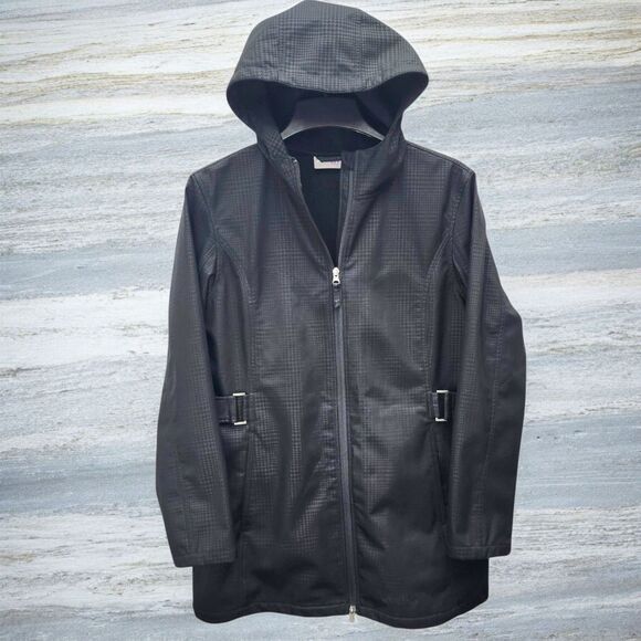 Free Tech Hooded Jacket Womens L 12-14 Black Full Zip Water Resistant Waist Tabs - Picture 1 of 15